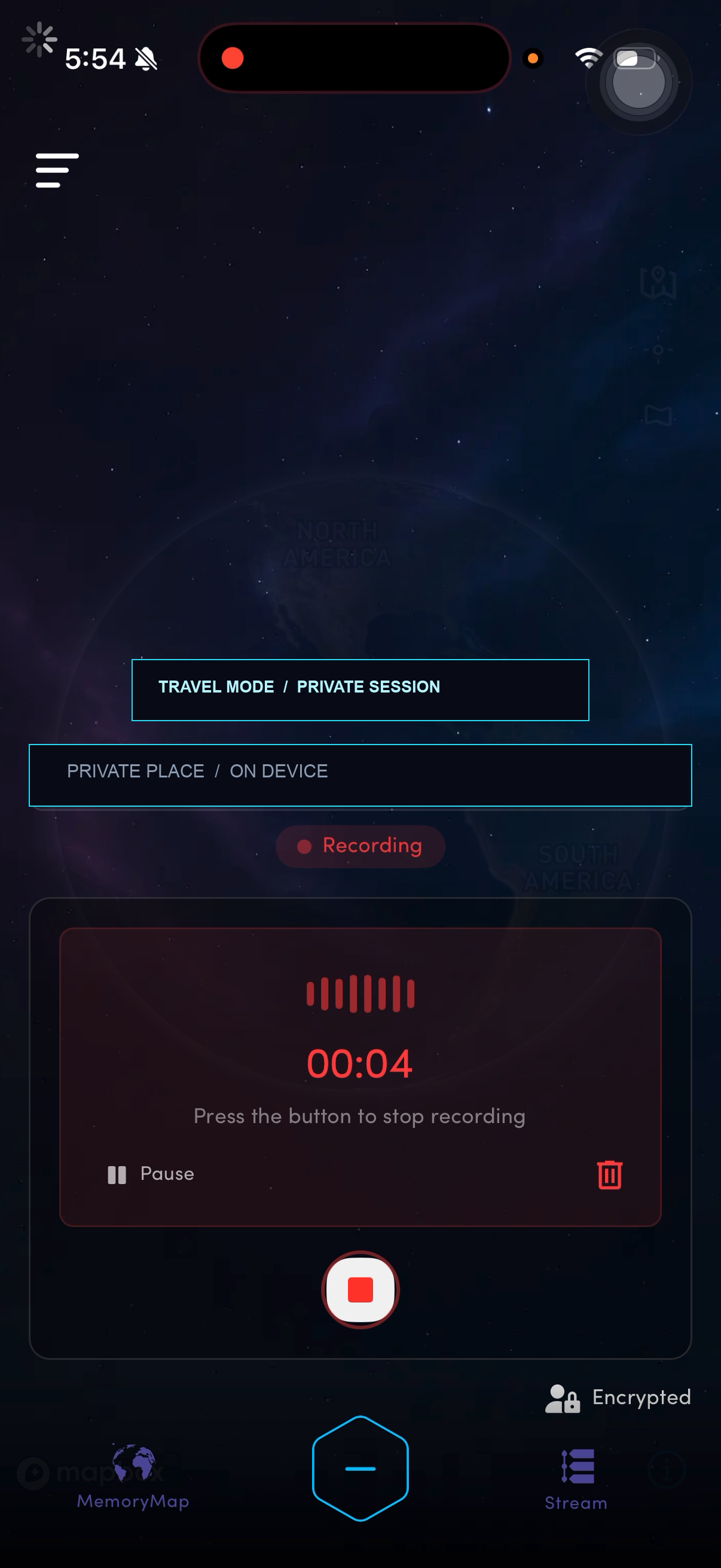 A real BlackBox voice recording screen with the live timer and recording controls visible. Private place and session details are removed from the image.