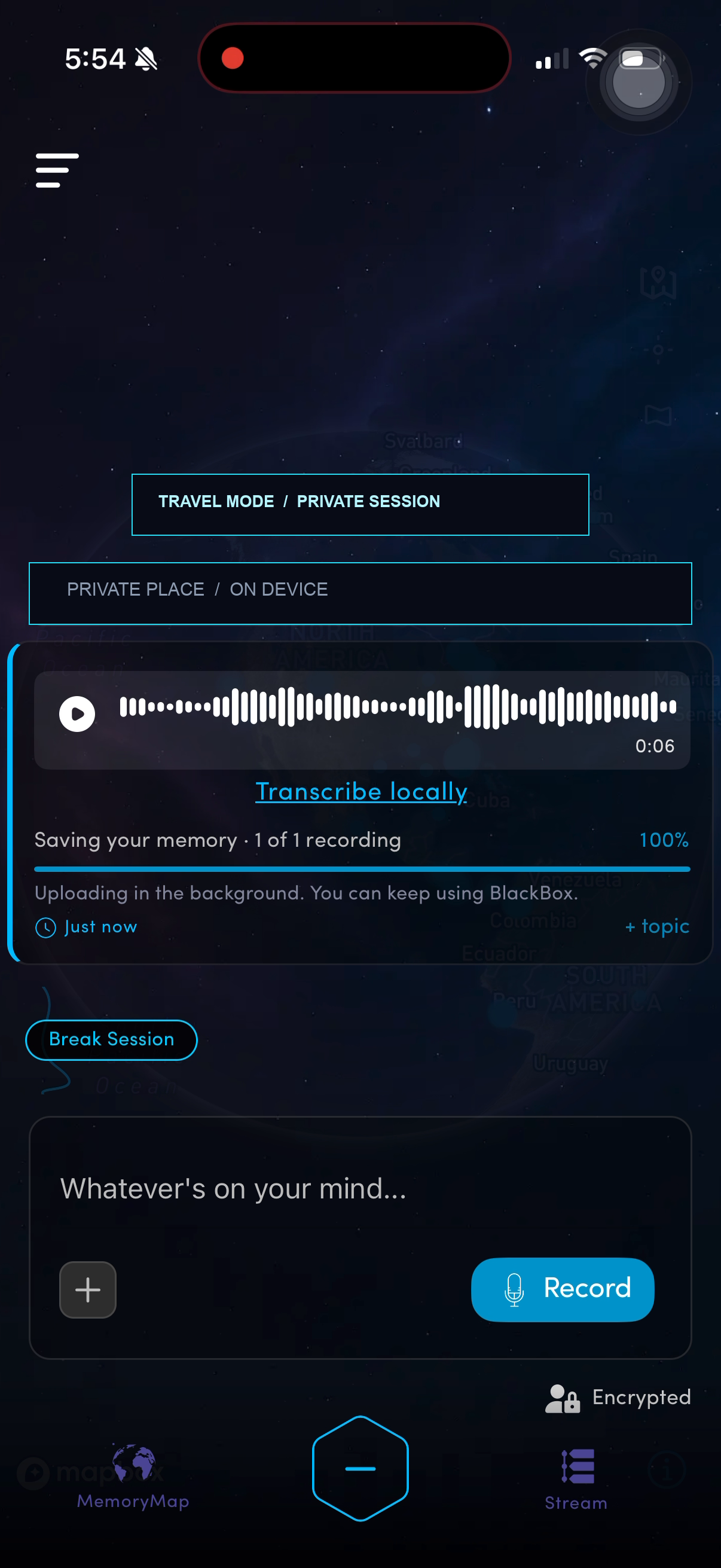 A real BlackBox saved voice note with its waveform, local transcription action, and completed save progress. Private place and session details are removed from the image.