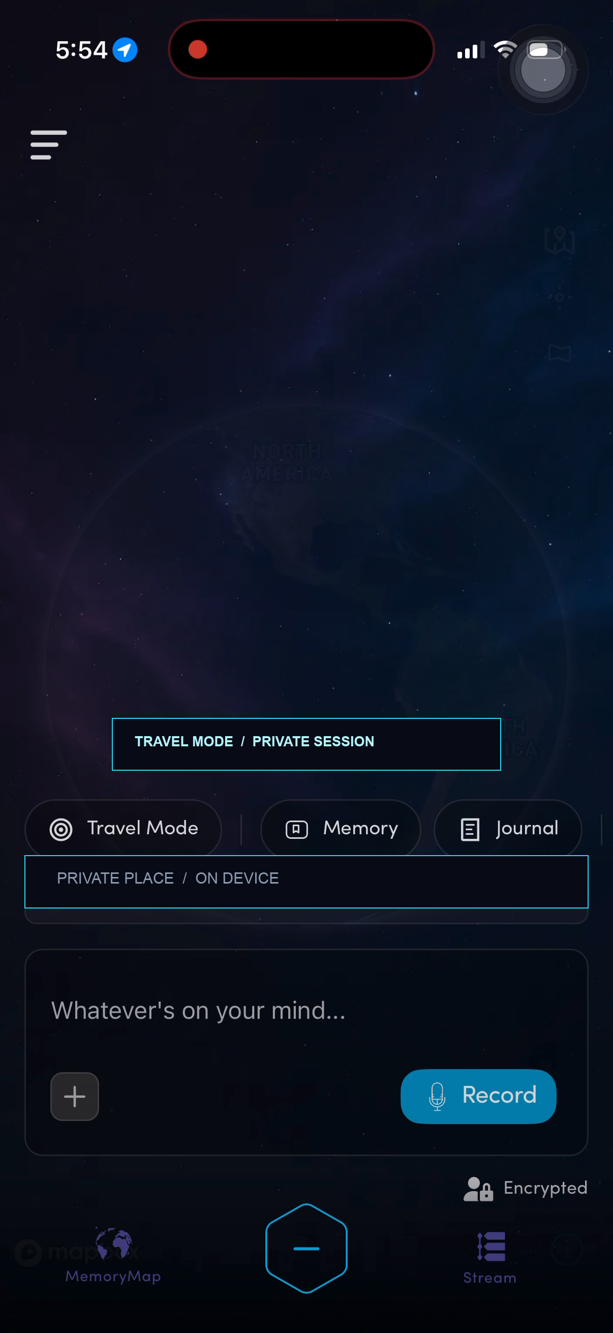 A real BlackBox mobile home screen with Travel Mode active and capture controls ready. Private place and session details are removed from the image.